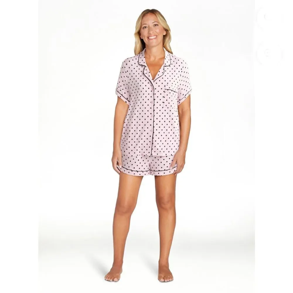 Dreamy Soft Short Sleeve Knit Notch Collar Top & Shorts Pajama 2-Pc Set Size M